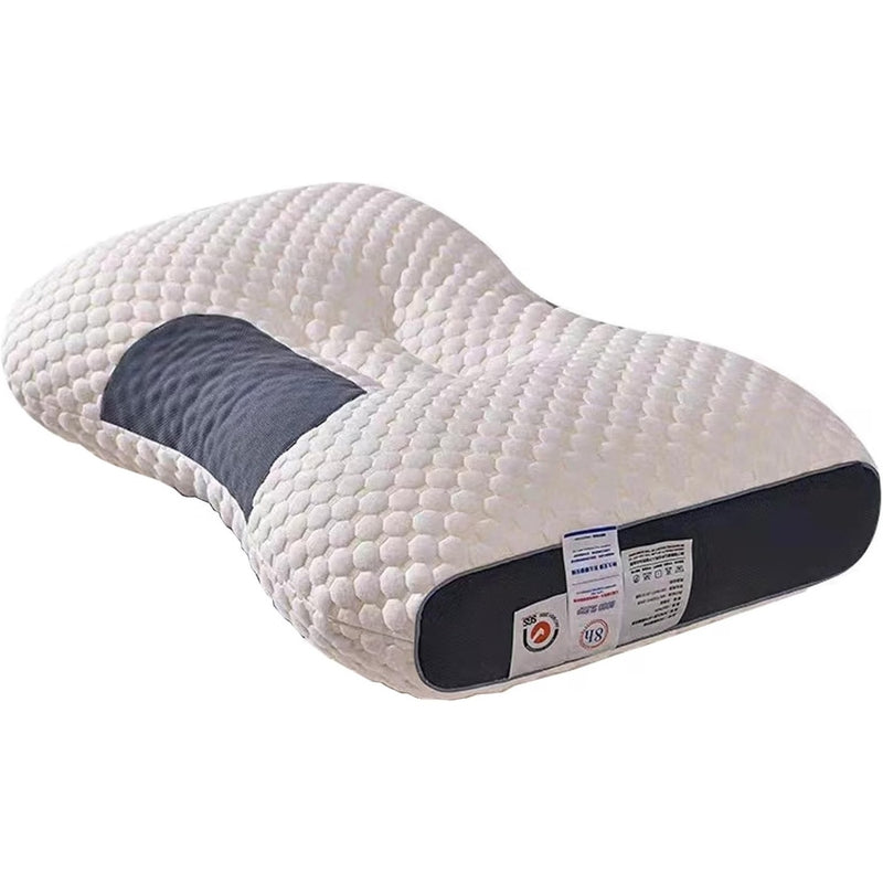 Angled view of the knitted contour neck pillow showing the raised side lobes