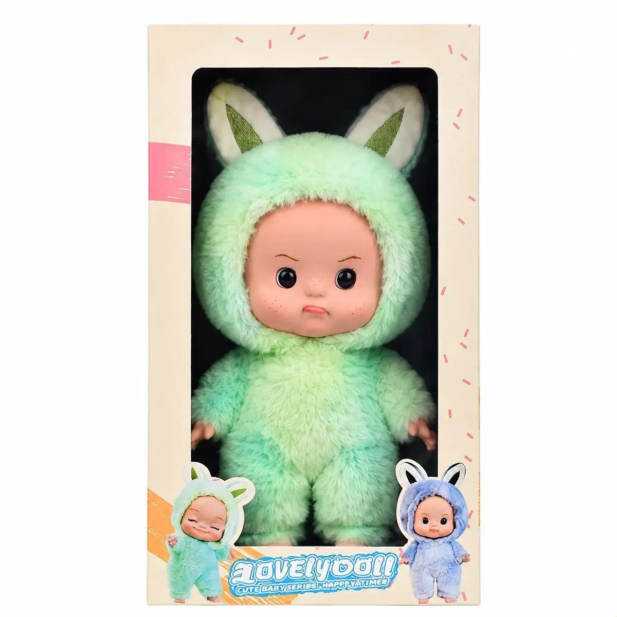 The doll in its retail gift box with a window front