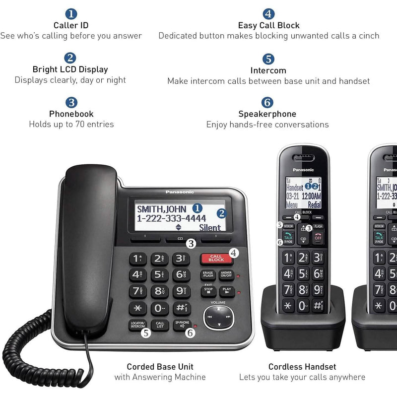 Panasonic Expandable Corded/Cordless Phone System with Answering Machine and One Touch Call Blocking – 2 Handsets Household Appliances - DailySale