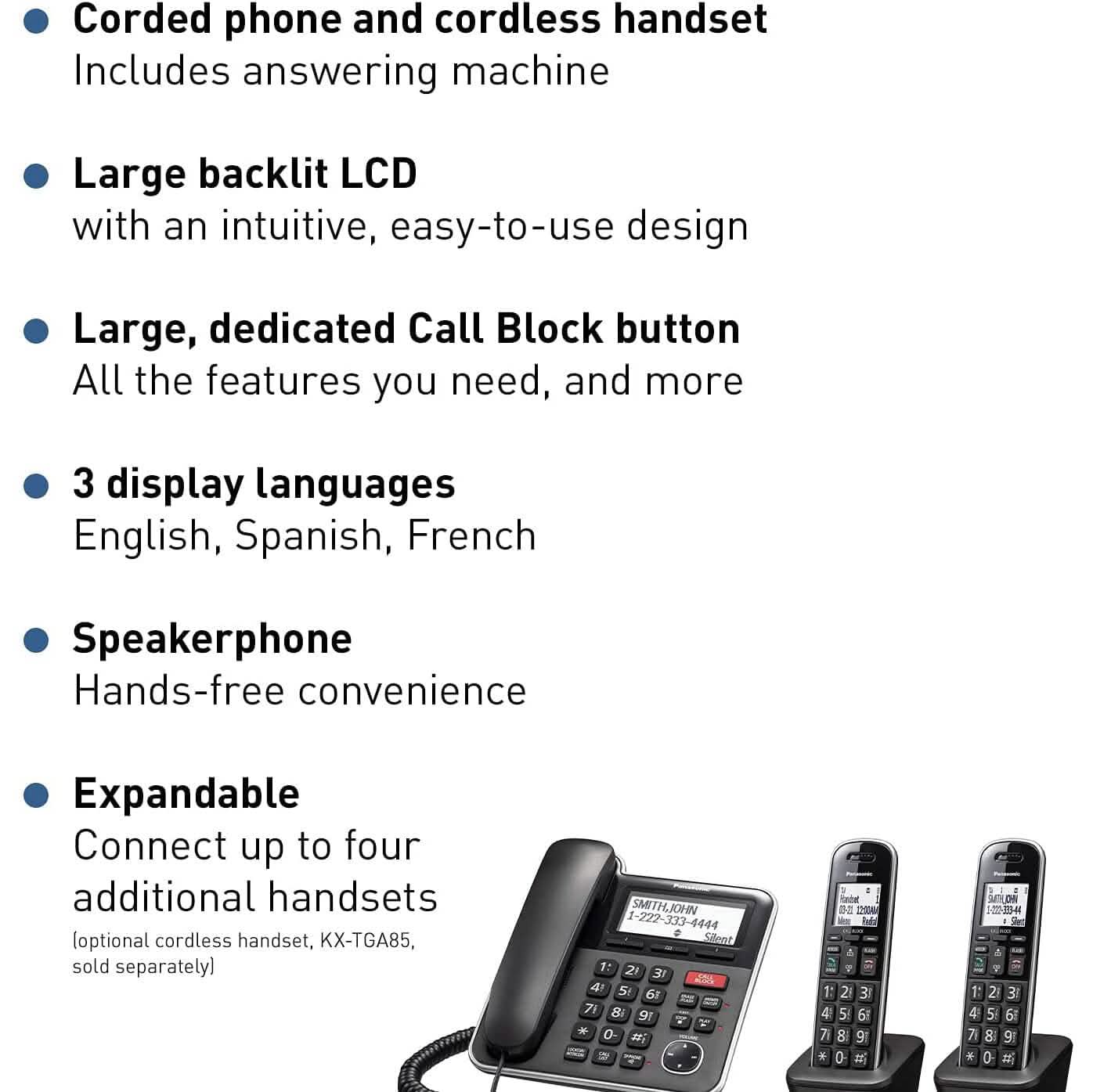 Panasonic Expandable Corded/Cordless Phone System with Answering Machine and One Touch Call Blocking – 2 Handsets Household Appliances - DailySale