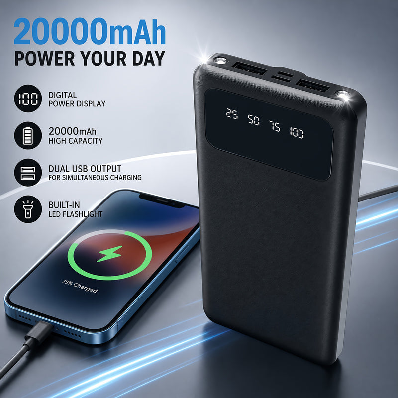 20,000mAh power bank charging a phone, with digital display, dual USB and built-in flashlight