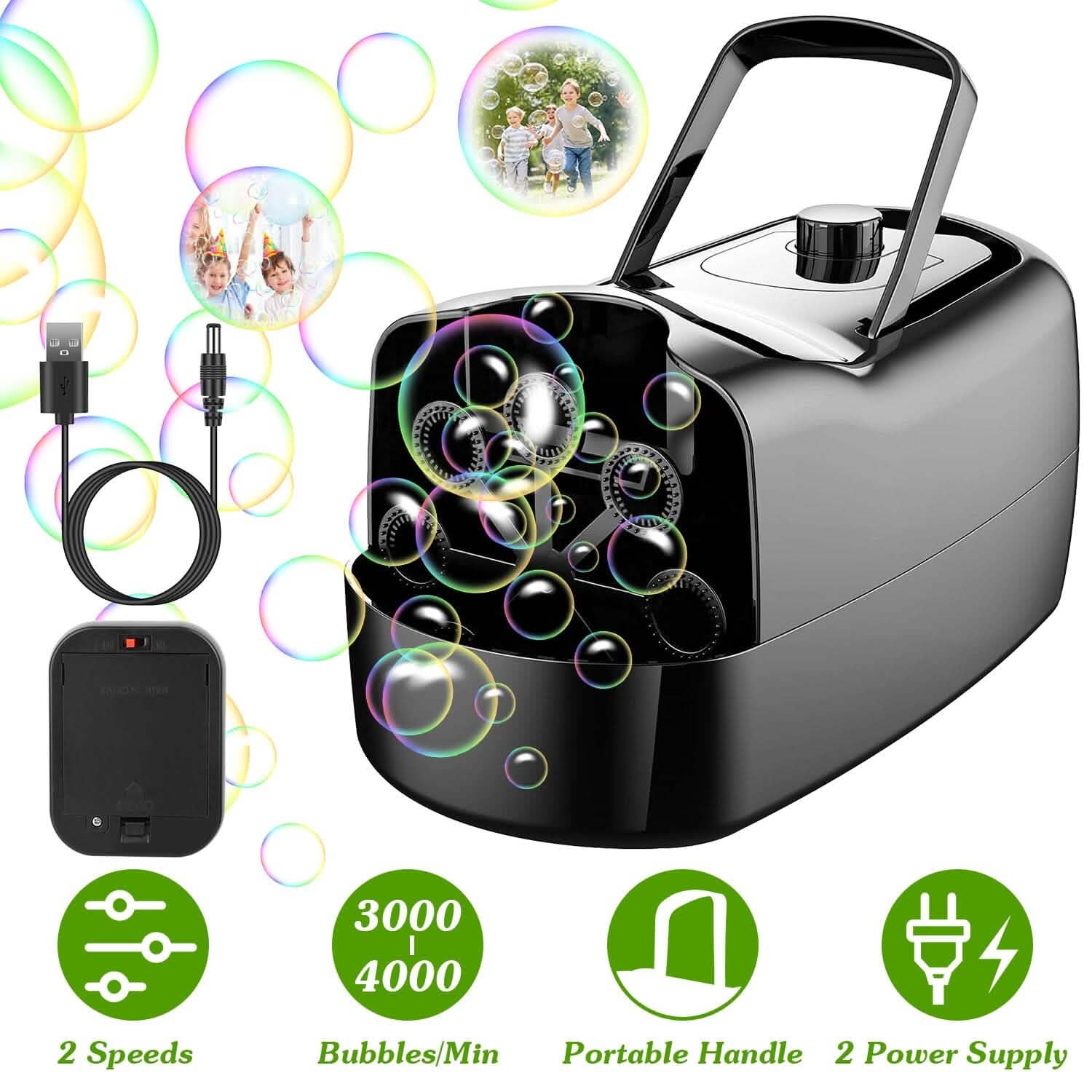Portable Bubble Blowing Machine with 2 Speeds Handle 3000-4000 Bubbles Per Minute Plug-In Battery Powered Holiday Decor & Apparel - DailySale