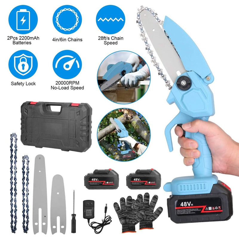Portable Handheld Cordless Small Chain Saw Battery Powered with 2Pcs 2200mAh Rechargeable Batteries 4in/6in Chains for Pruning Trees Wood Cutting Home Improvement - DailySale