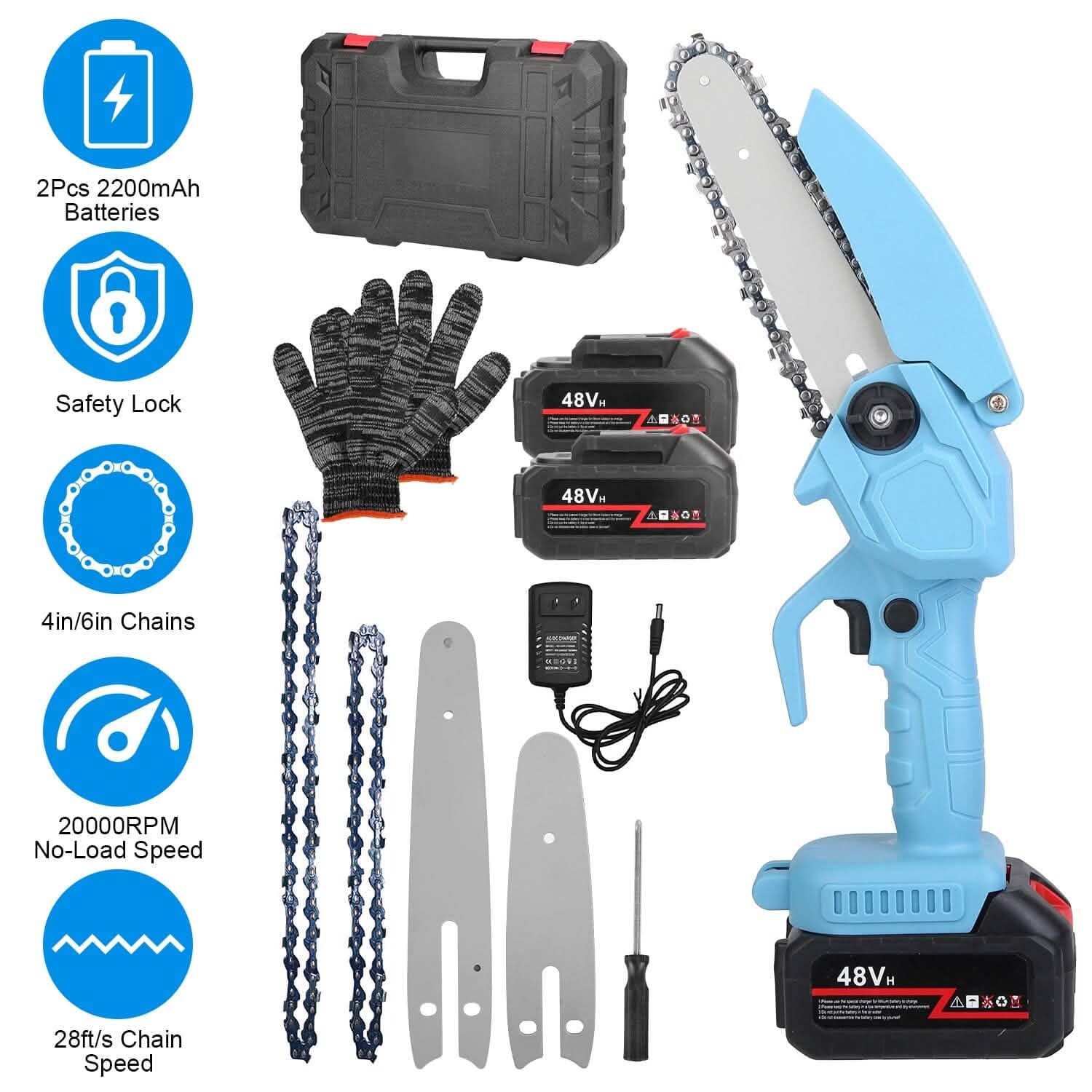 Portable Handheld Cordless Small Chain Saw Battery Powered with 2Pcs 2200mAh Rechargeable Batteries 4in/6in Chains for Pruning Trees Wood Cutting Home Improvement - DailySale