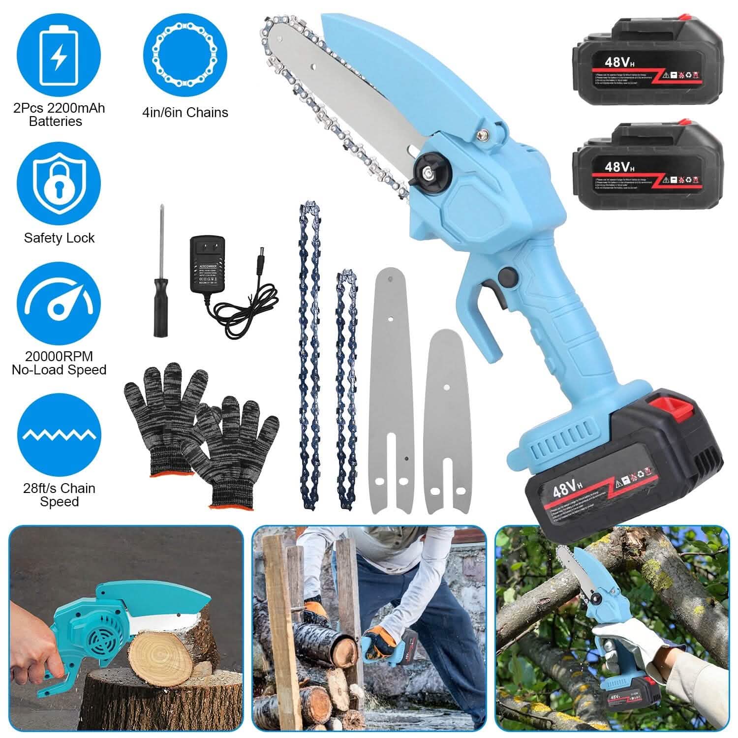 Portable Handheld Cordless Small Chain Saw Battery Powered with 2Pcs 2200mAh Rechargeable Batteries 4in/6in Chains for Pruning Trees Wood Cutting Home Improvement - DailySale
