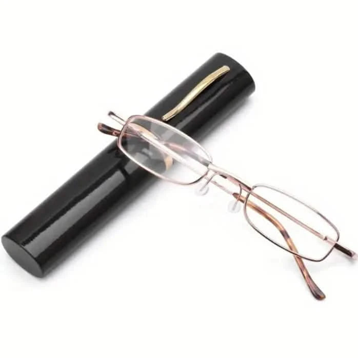 Portable Presbyopia Reading Glasses with Pen Tube Case - Unisex, Metal Frame, Spring Hinge, +1.00~+4.00, Plastic Lens Wellness +100 - DailySale