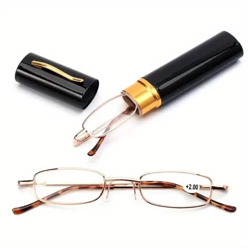 Portable Presbyopia Reading Glasses with Pen Tube Case - Unisex, Metal Frame, Spring Hinge, +1.00~+4.00, Plastic Lens Wellness - DailySale