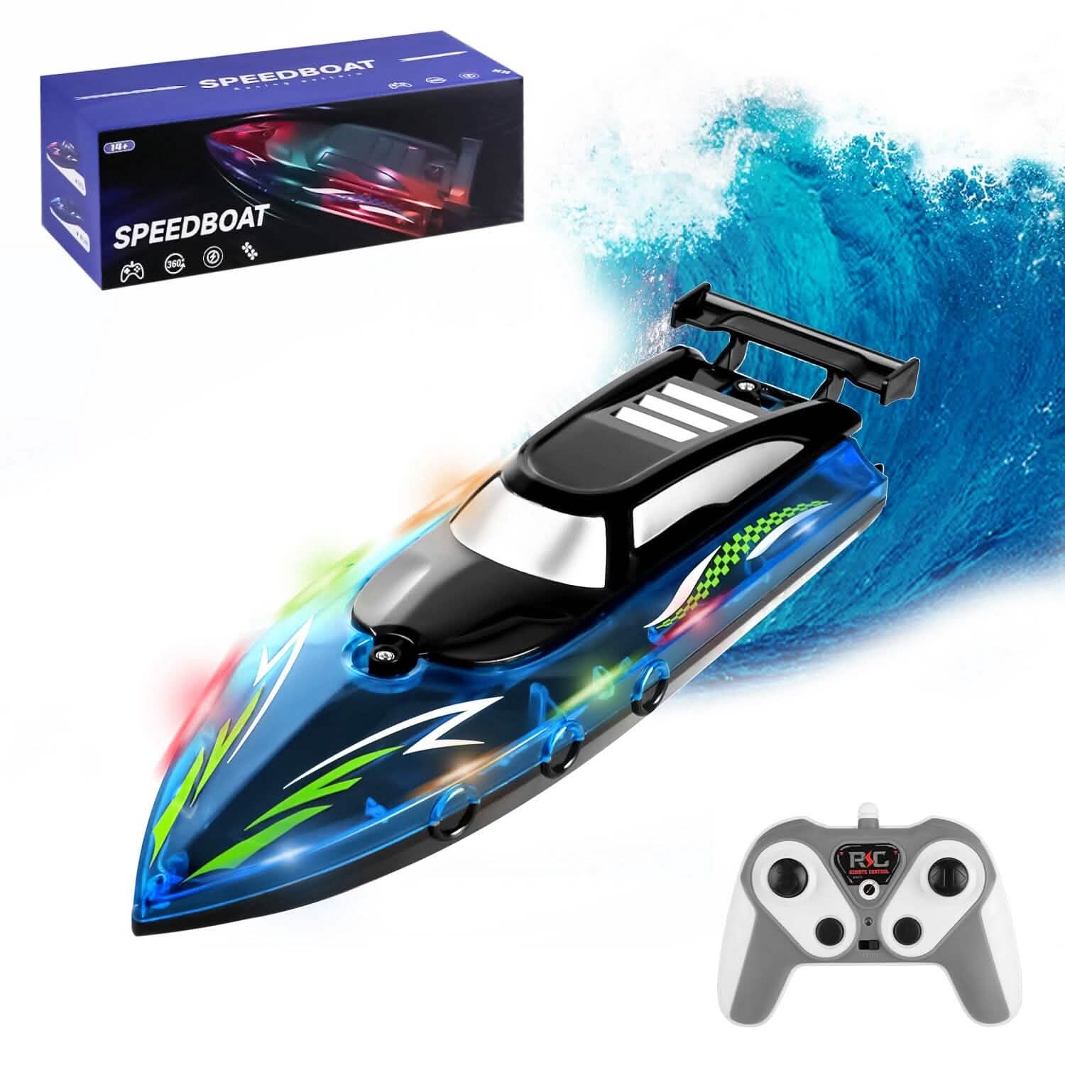 RC Boat with Colorful LED Light 10KM/H Toys & Games Blue - DailySale
