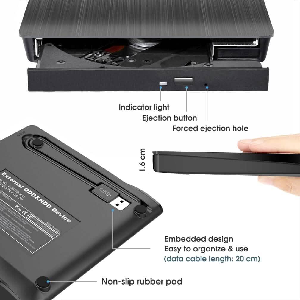 ROOFULL External CD DVD Drive USB 3.0 CD-Burner Premium Portable CD-ROM DVD+/-RW Optical Disc Drive Player Reader Rewriter Computer Accessories - DailySale