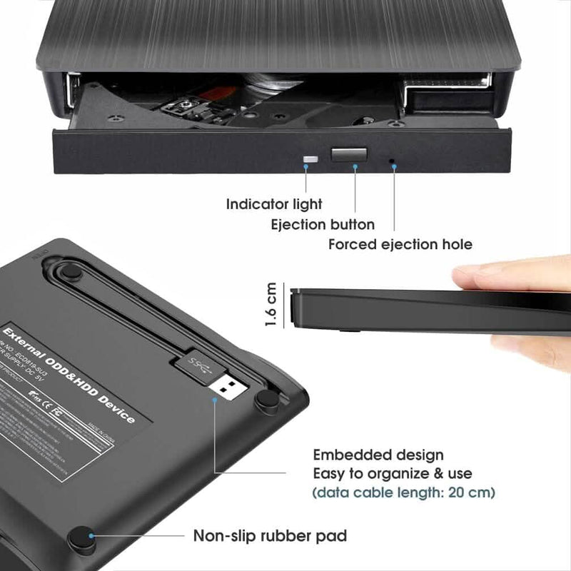 ROOFULL External CD DVD Drive USB 3.0 CD-Burner Premium Portable CD-ROM DVD+/-RW Optical Disc Drive Player Reader Rewriter Computer Accessories - DailySale