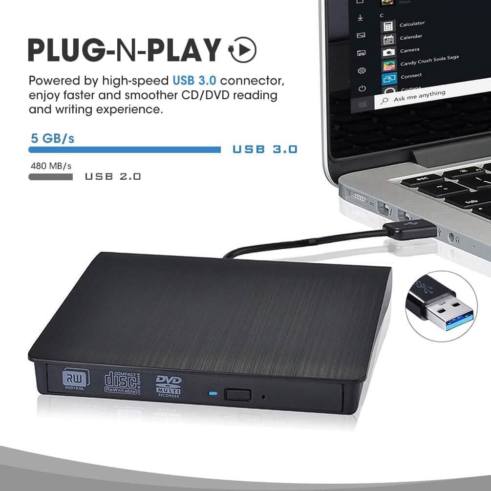 ROOFULL External CD DVD Drive USB 3.0 CD-Burner Premium Portable CD-ROM DVD+/-RW Optical Disc Drive Player Reader Rewriter Computer Accessories - DailySale