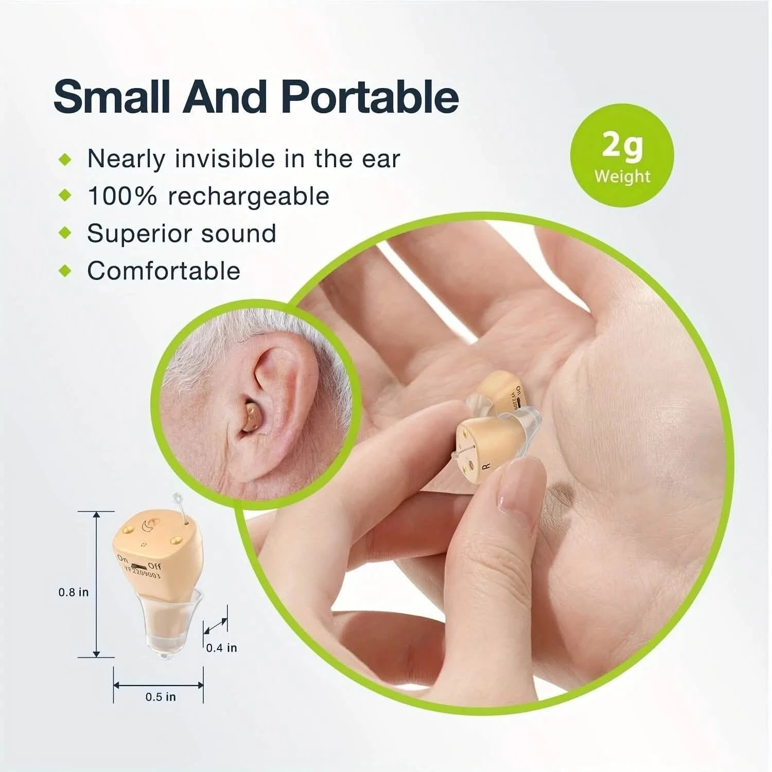 Rechargeable Hearing Aids – Invisible In-Ear, Noise Reduction, Volume Control