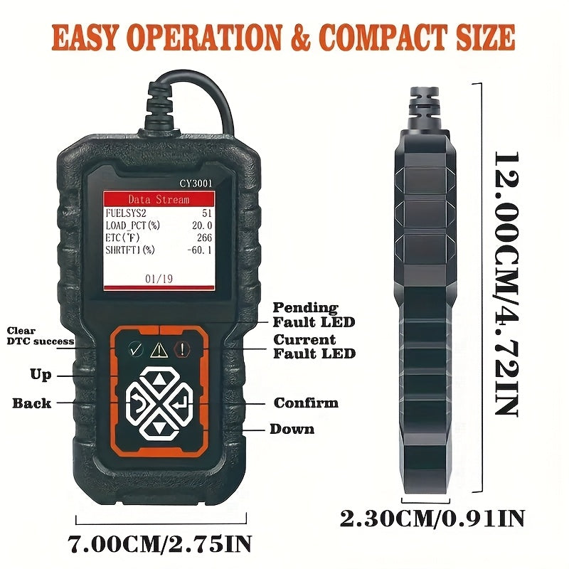 Scanner controls and dimensions: 12 x 7 x 2.3 cm