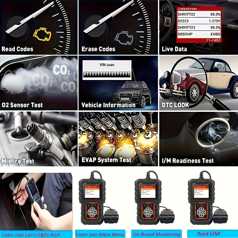 Function grid: read codes, erase codes, live data, O2 sensor test, EVAP test