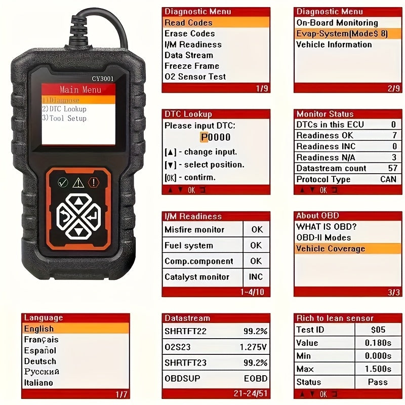 On-screen menus: diagnostics, DTC lookup, I/M readiness and language options