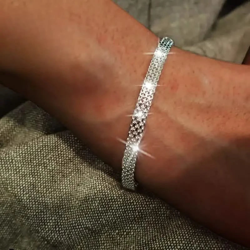 S925 Sterling Silver Chain Bracelet, Sparkling Mesh Embossing Pattern Jewelry Bracelets - DailySale