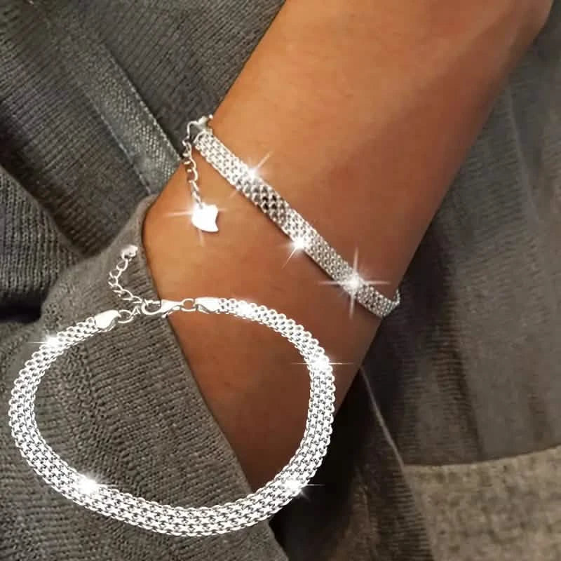 S925 Sterling Silver Chain Bracelet, Sparkling Mesh Embossing Pattern Jewelry Bracelets - DailySale