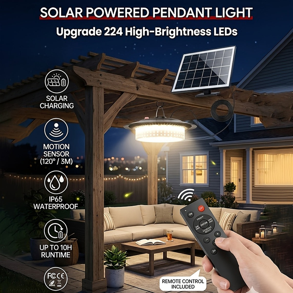 Solar pendant shed light hanging over a patio at night with its remote