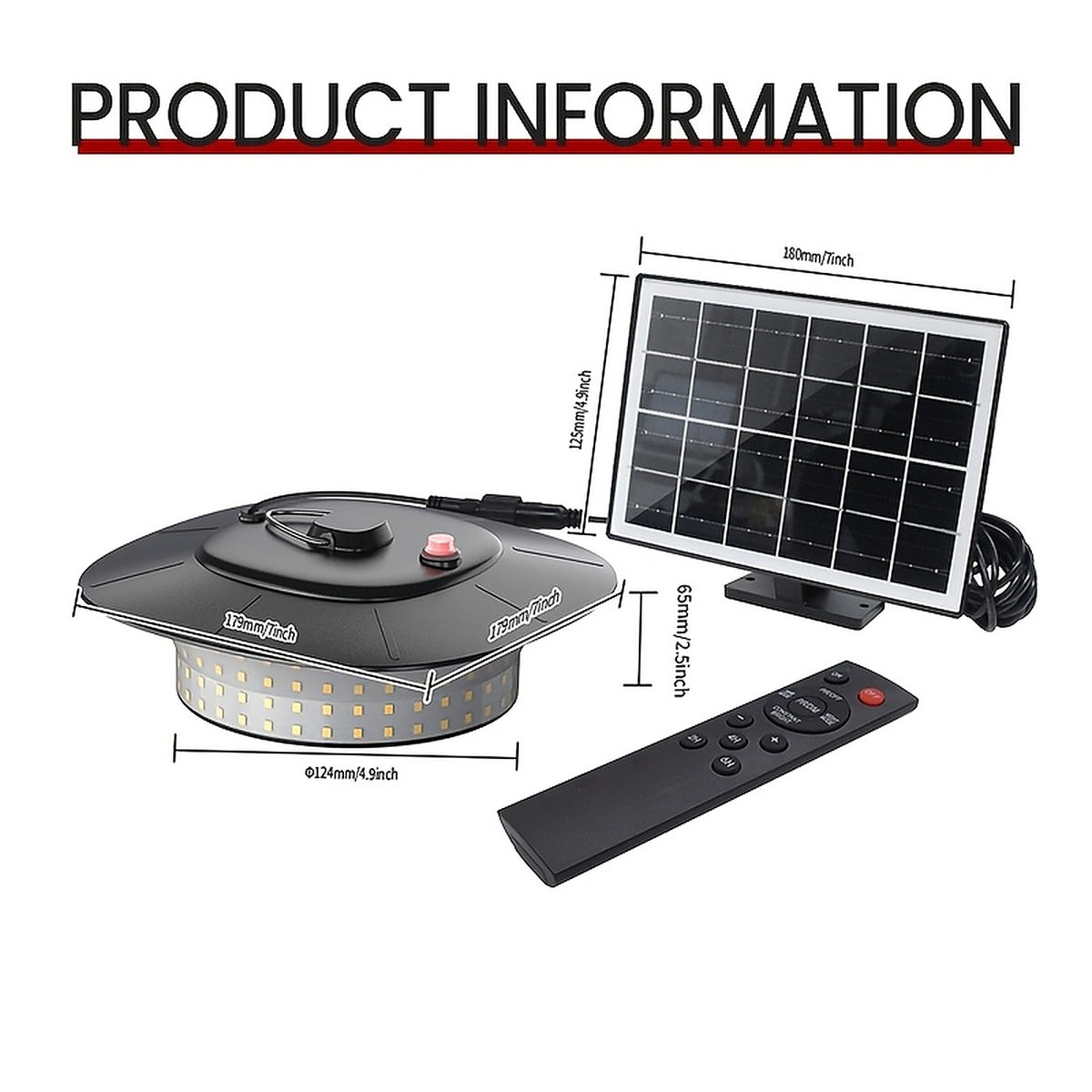 Product layout: the pendant lamp, the solar panel on its cable and the remote, with dimensions