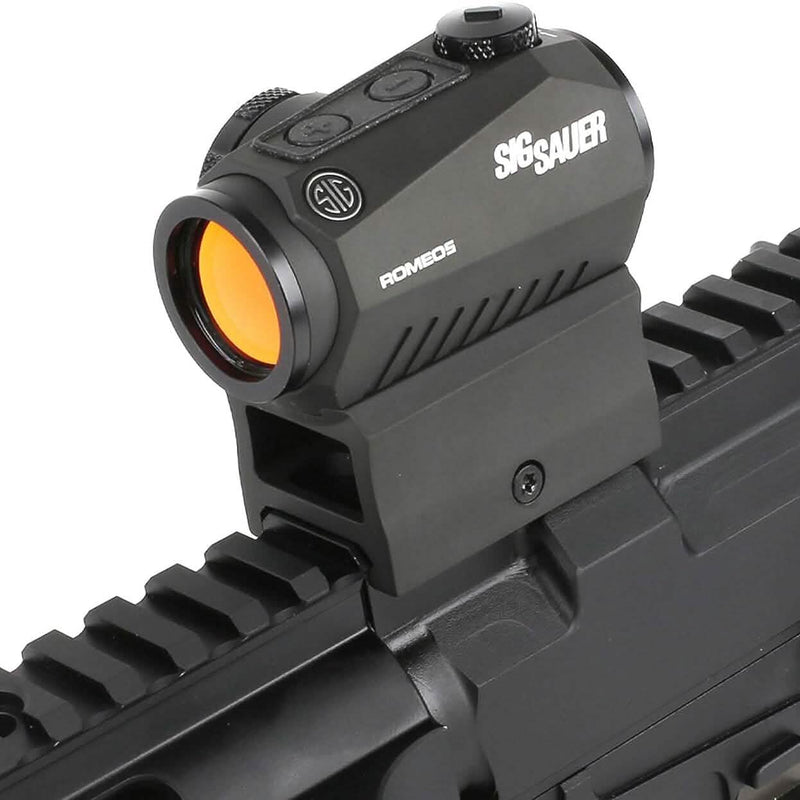 Closeup of Sig Sauer Romeo5 1X20mm Tactical Hunting Shooting sight mounted on a rifle