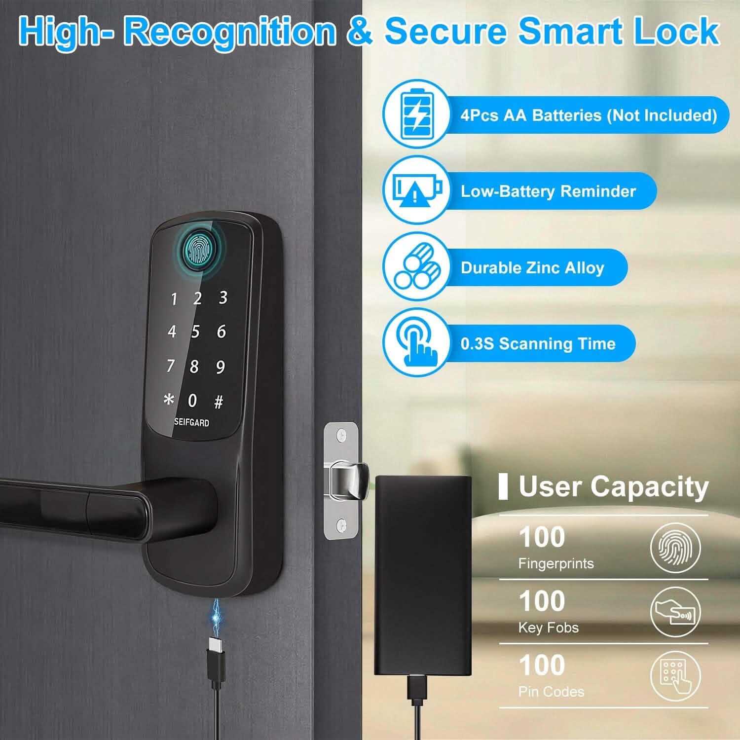 Smart Door Lock with Handle Fingerprints Passcode Keys Fobs App Control Smart Home & Security - DailySale