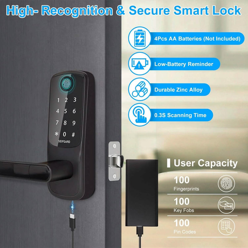 Smart Door Lock with Handle Fingerprints Passcode Keys Fobs App Control Smart Home & Security - DailySale