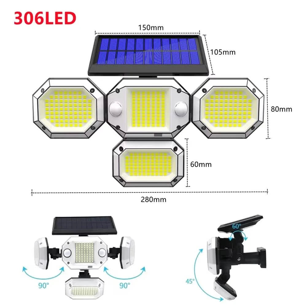 Solar Light Outdoor with Remote Control Double Motion Sensor Light 306/208 Led Wall Lamp IP65 Spotlight Exterior Garage Lighting Outdoor Lighting - DailySale