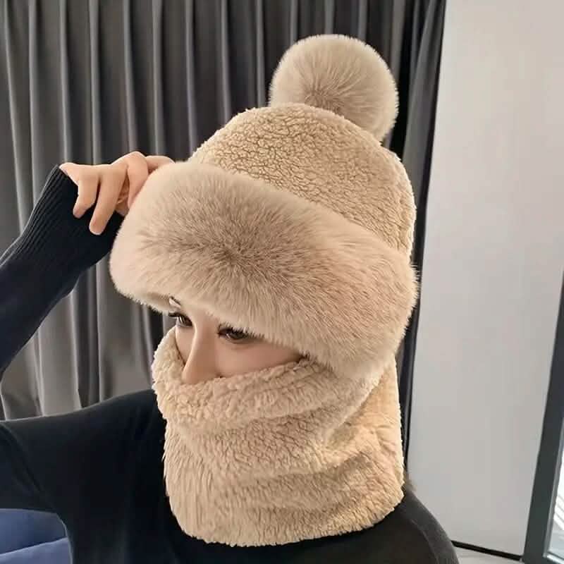 Solid Color Thickened Plush Neck Gaiter Mask Windproof Hooded Ear Protection Windproof Ski Hat Women's Shoes & Accessories Coffee - DailySale