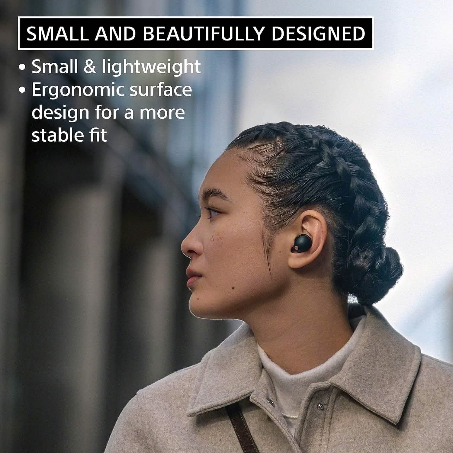 Woman wearing a set of Sony WF-1000XM5 The Best Truly Wireless Bluetooth Noise Canceling Headphones