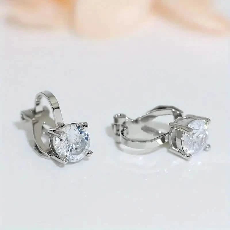 Sparkling Zirconia Copper Plating White K Round Perforated Clip Women's Ear Clip Non Perforated Earrings - DailySale