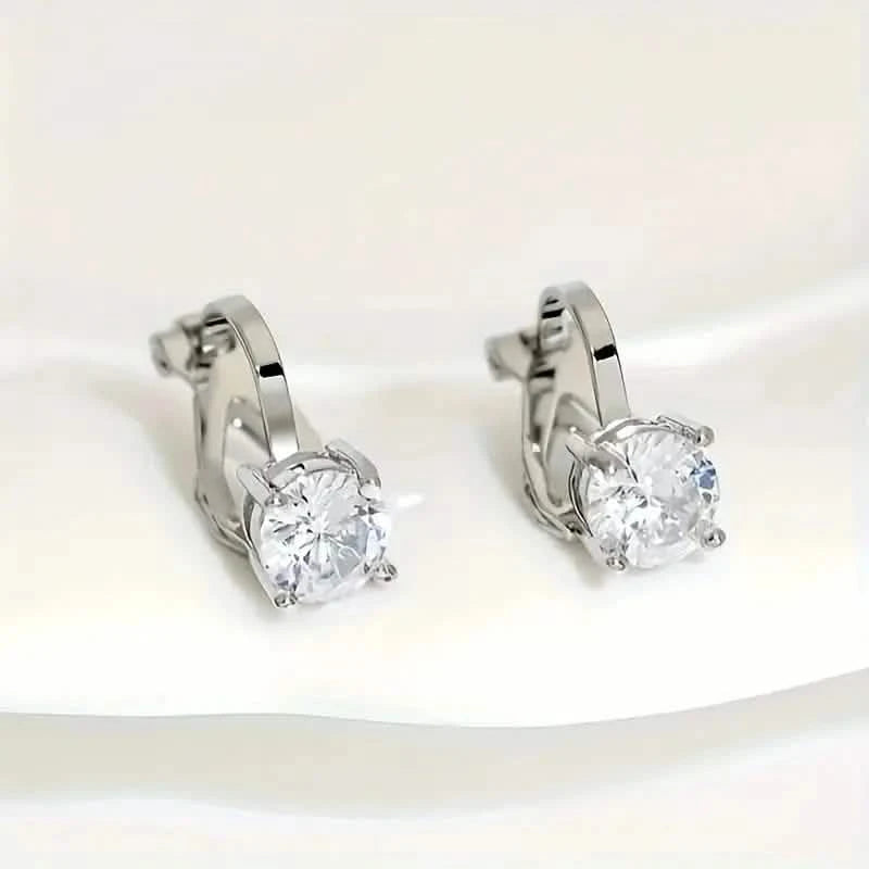 Sparkling Zirconia Copper Plating White K Round Perforated Clip Women's Ear Clip Non Perforated Earrings - DailySale