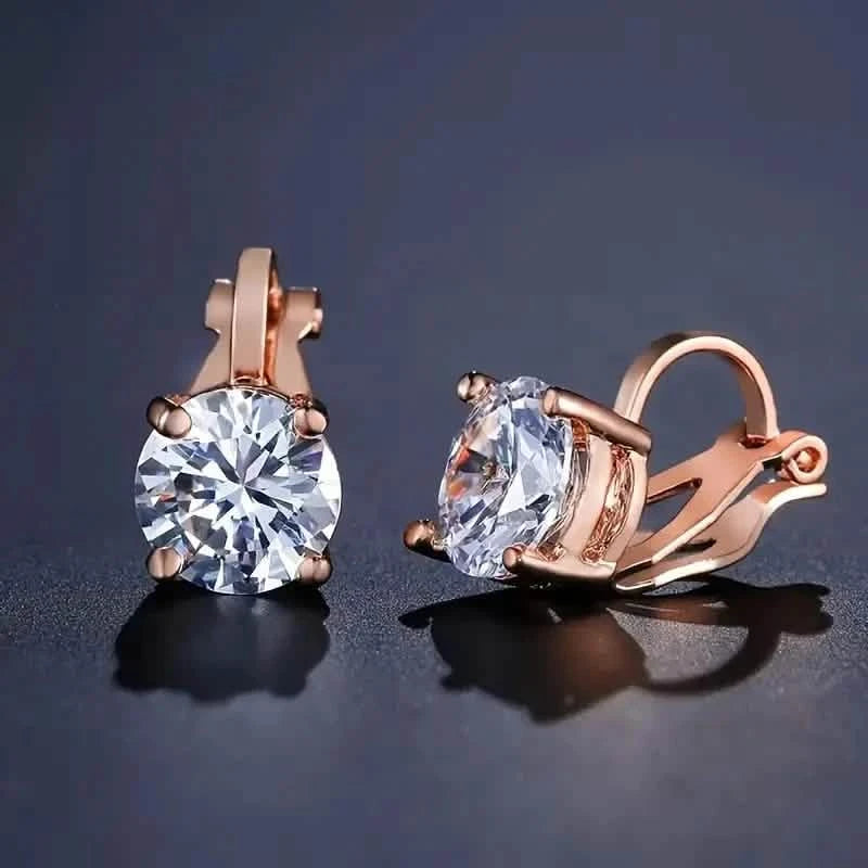 Sparkling Zirconia Copper Plating White K Round Perforated Clip Women's Ear Clip Non Perforated Earrings Rose Gold - DailySale