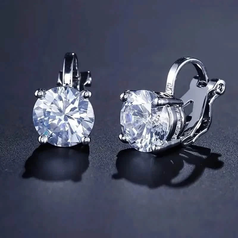 Sparkling Zirconia Copper Plating White K Round Perforated Clip Women's Ear Clip Non Perforated Earrings Silver - DailySale