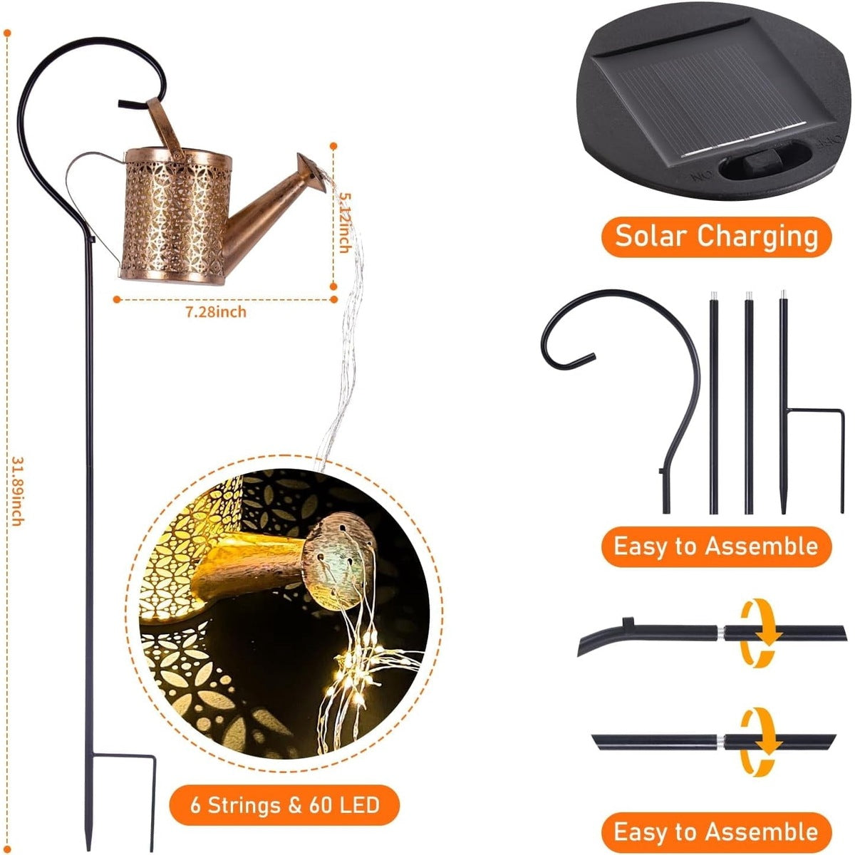 Solar panel, stake sections and easy assembly detail