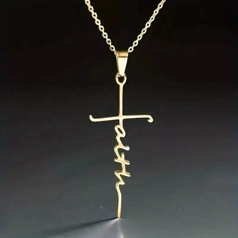 Stainless Steel Faith Word Church Prayer Religious Pendant Necklace Necklaces Gold - DailySale