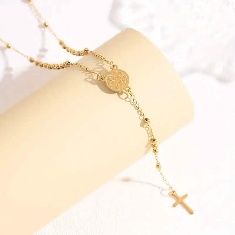 Stainless Steel St. Benedict Pattern Golden Rosary Cross Pendant Necklace Necklaces - DailySale