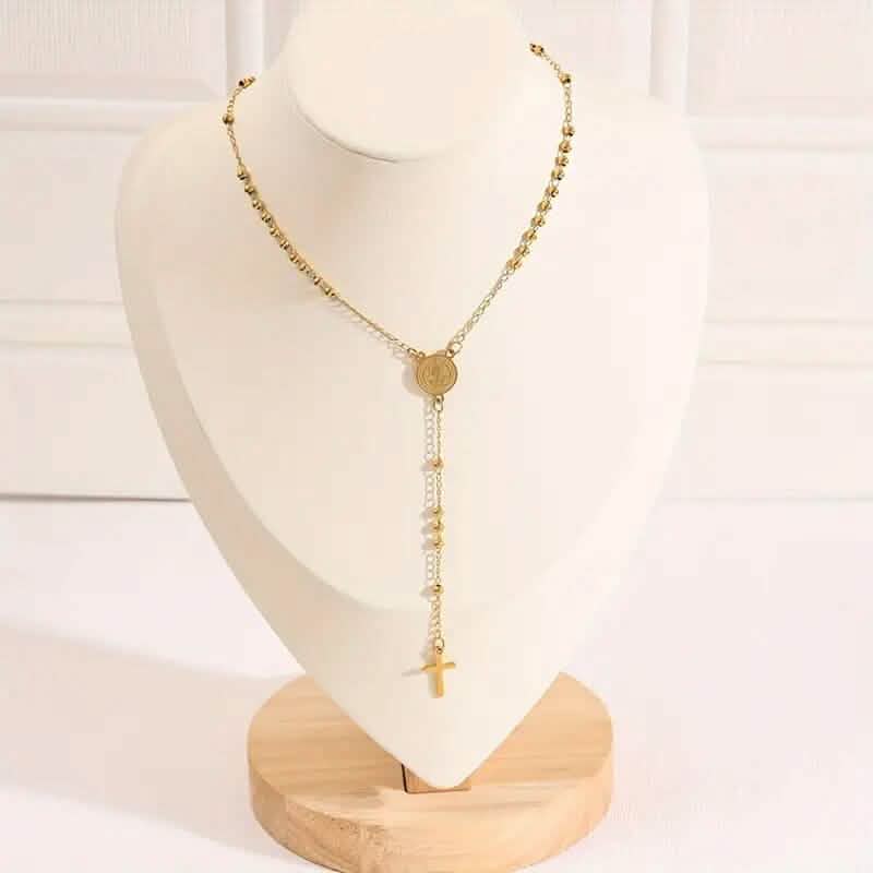 Stainless Steel St. Benedict Pattern Golden Rosary Cross Pendant Necklace Necklaces - DailySale