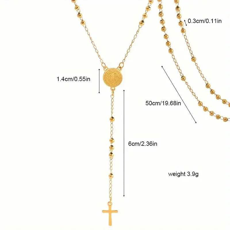 Stainless Steel St. Benedict Pattern Golden Rosary Cross Pendant Necklace Necklaces - DailySale