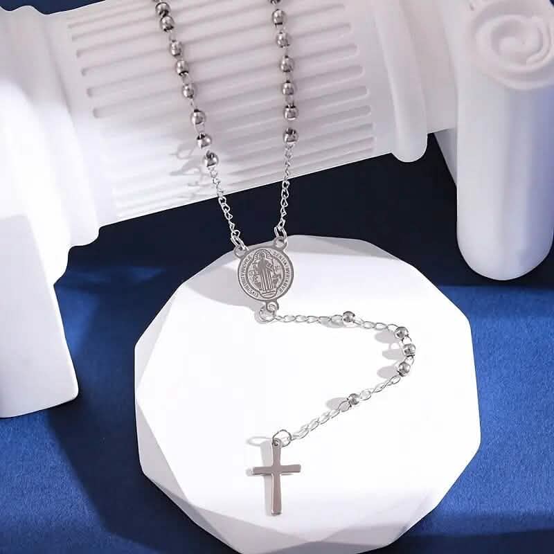 Stainless Steel St. Benedict Pattern Golden Rosary Cross Pendant Necklace Necklaces Silver - DailySale
