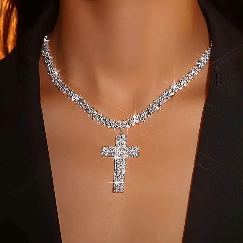 Sterling Silver 925 Luxury Cross Pendant Necklace with Multi-Layer Zircon and Sparkling Rhinestones Necklaces - DailySale