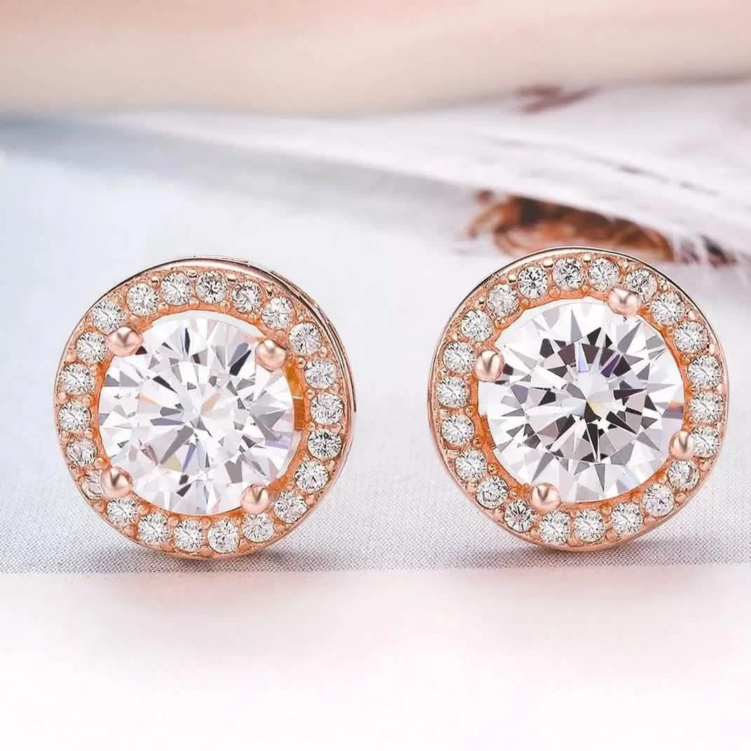 Sterling Silver Cubic Zirconia Classic Halo Stud Earrings Earrings Rose Gold - DailySale