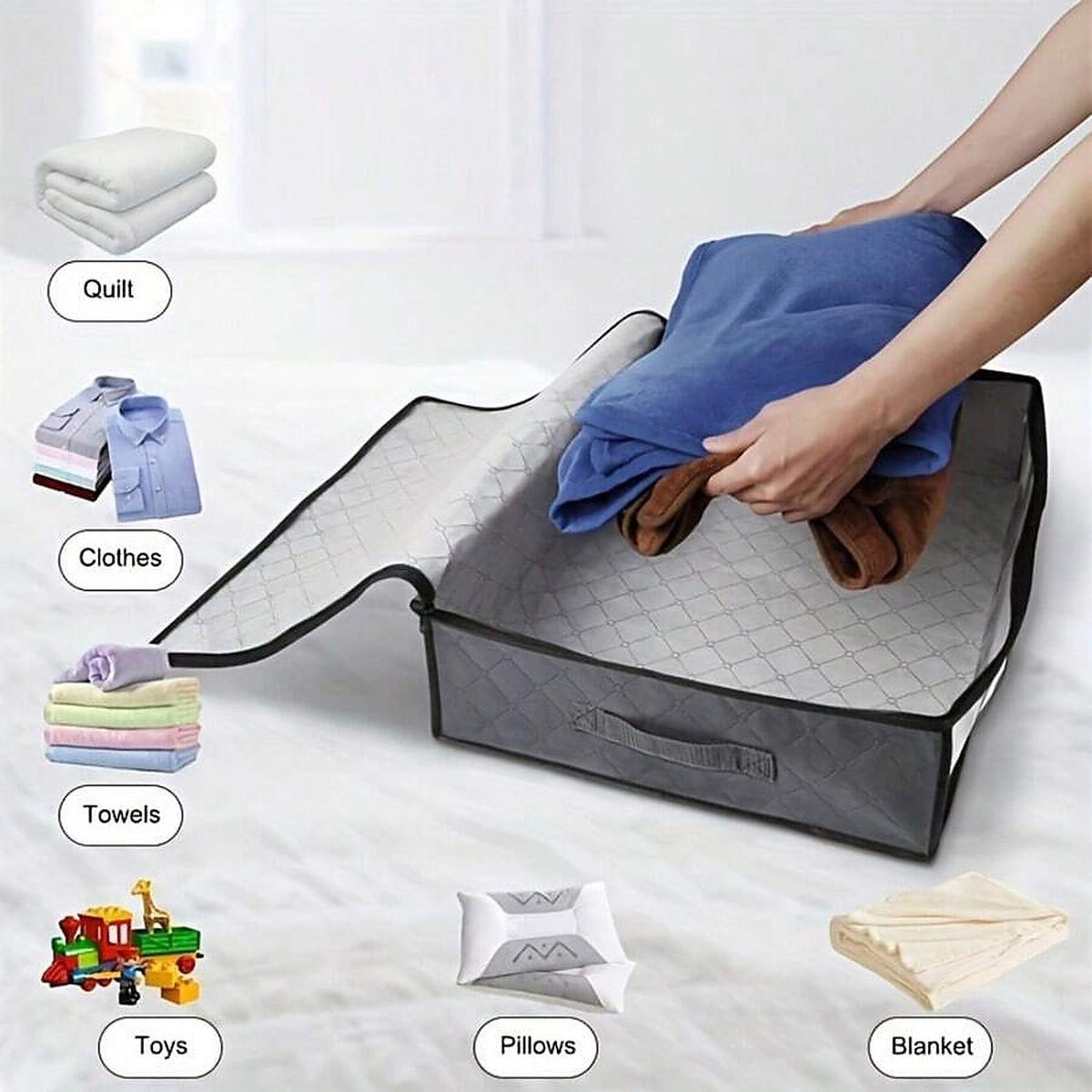 Bedding being folded into the open bag, with icons for quilts, clothes, towels, toys, pillows and blankets