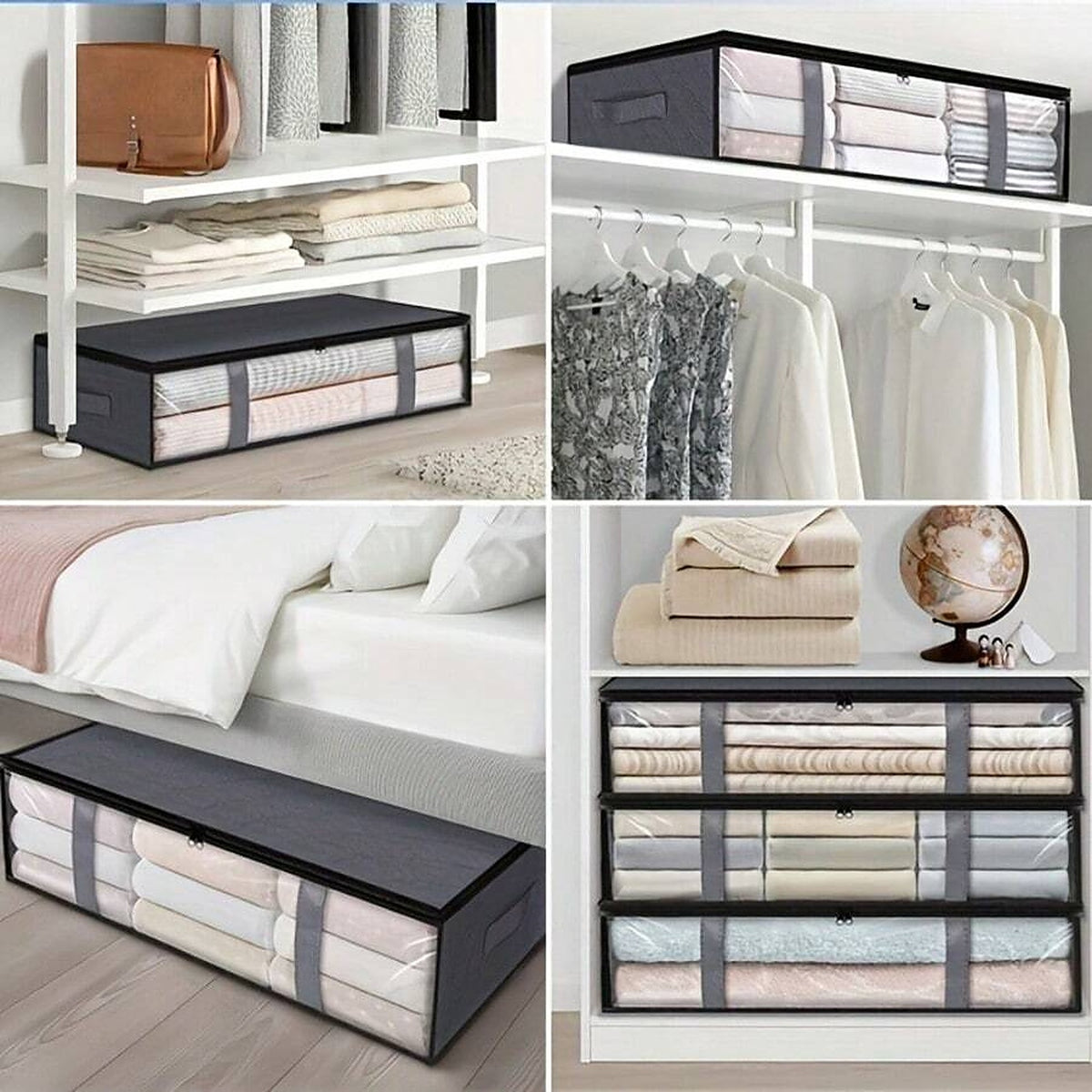 The bags shown under a bed, in a wardrobe and on a closet shelf