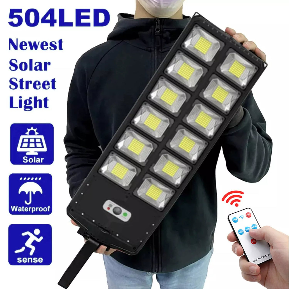 504 LED dual row solar street light held in both hands to show its size
