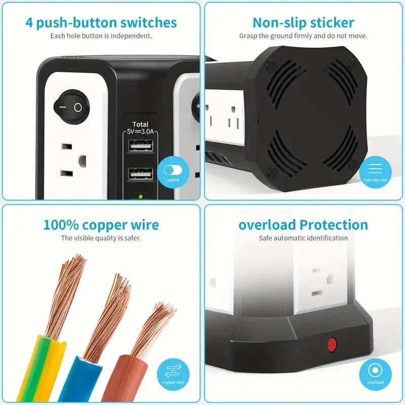 Surge Protector Tower 1800J with 4 USB A Ports, USB C (PD18W) Port, 12 AC Outlets and 10FT Flat Plug Extension Cord Mobile Accessories - DailySale