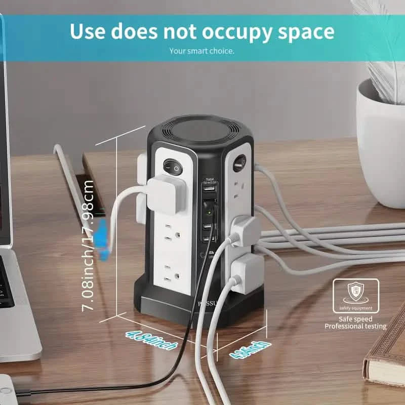 Surge Protector Tower 1800J with 4 USB A Ports, USB C (PD18W) Port, 12 AC Outlets and 10FT Flat Plug Extension Cord Mobile Accessories - DailySale