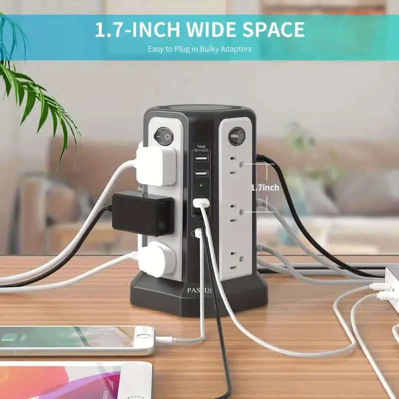 Surge Protector Tower 1800J with 4 USB A Ports, USB C (PD18W) Port, 12 AC Outlets and 10FT Flat Plug Extension Cord Mobile Accessories - DailySale