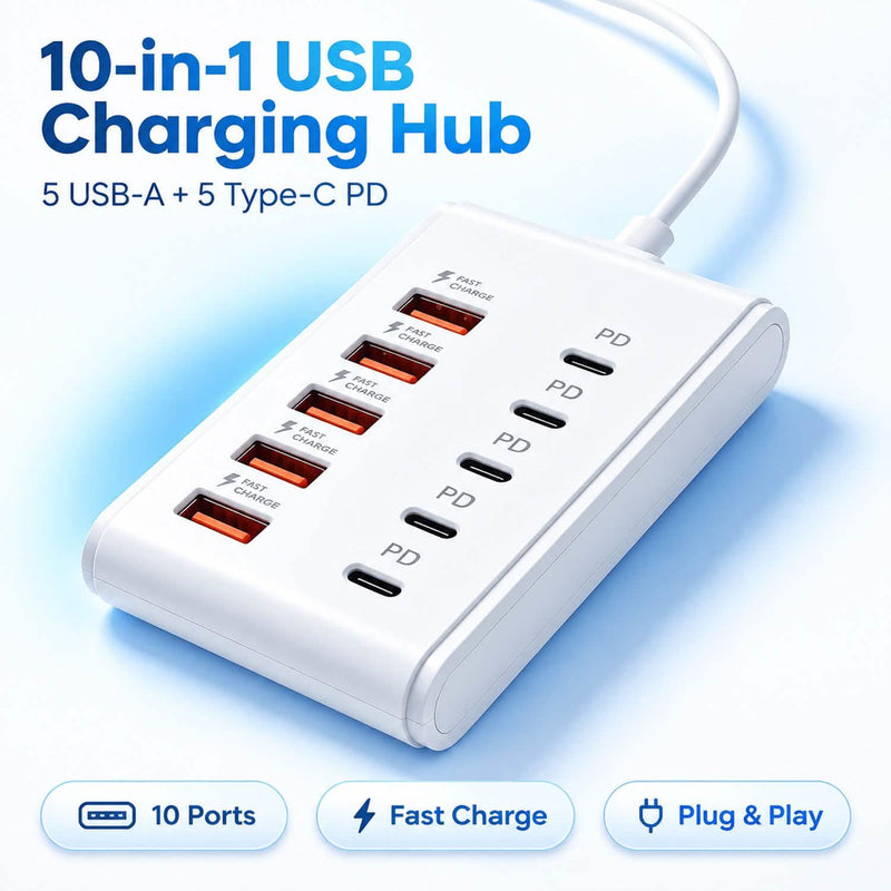 10-port USB charging station in white with five USB-C PD and five USB-A ports
