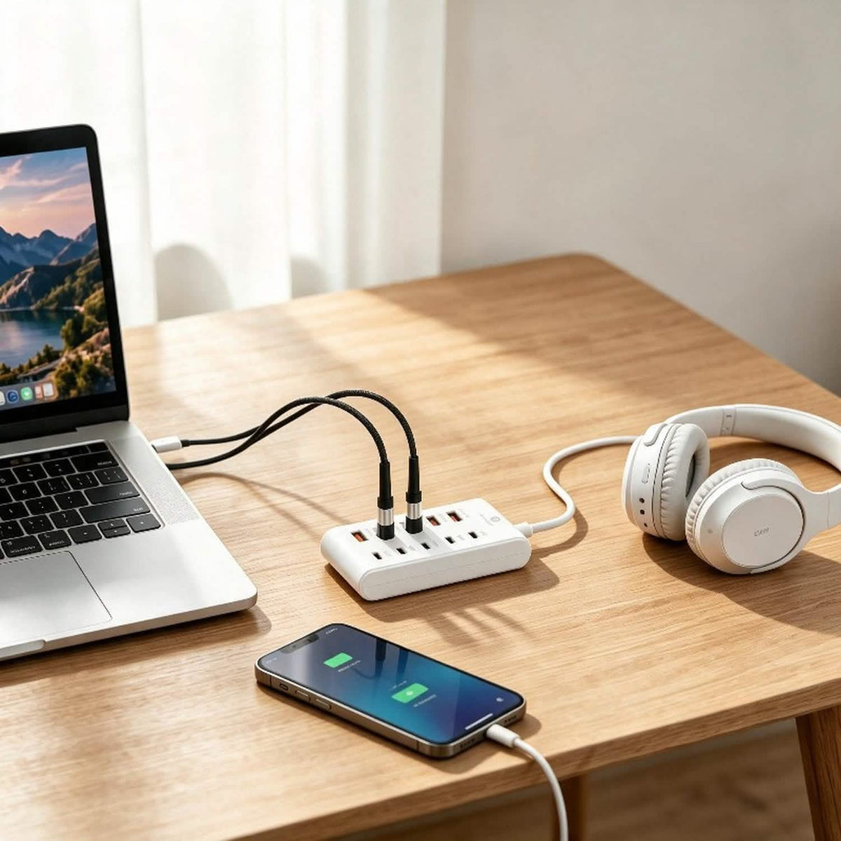 Charging a phone and headphones beside a laptop