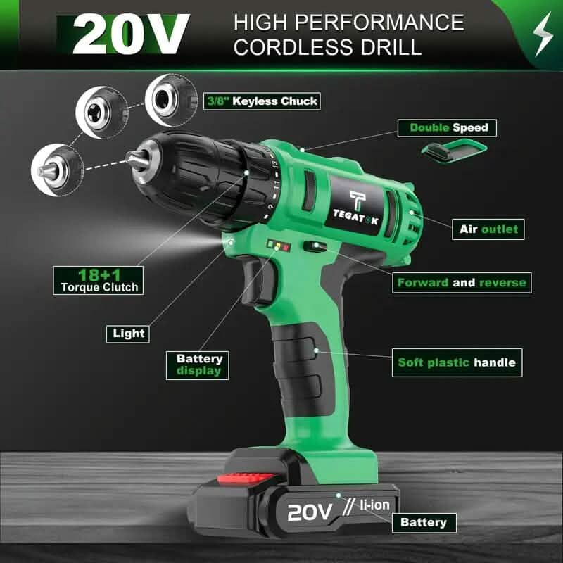 Tegatok 20V Cordless Drill Set Home Improvement - DailySale